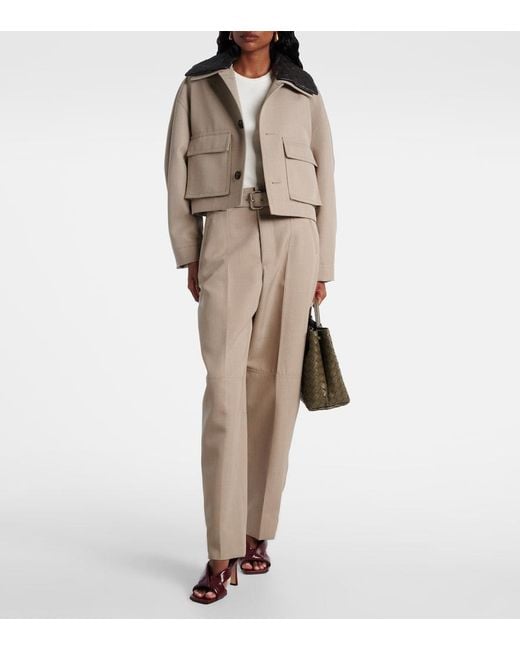 Bottega Veneta Natural Cropped Leather-Trimmed Wool Jacket