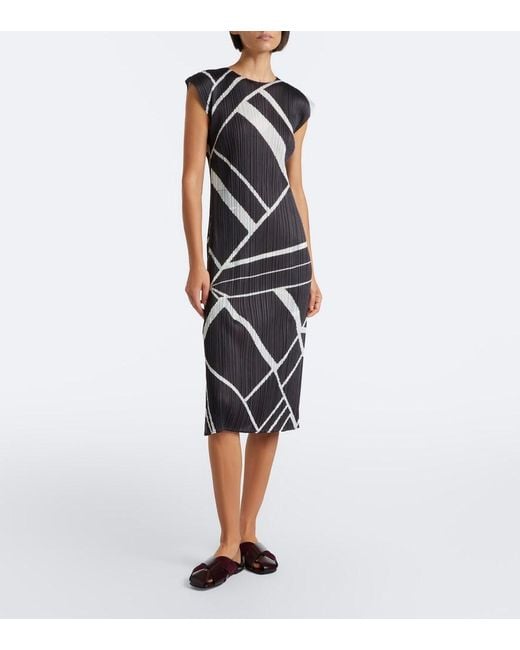 Pleats Please Issey Miyake Black Fold Line Pleated Printed Midi Dress