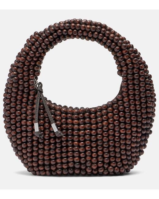 Staud Brown Reef Small Beaded Leather-Trimmed Top-Handle Bag