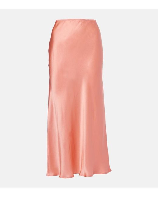 Rixo Pink Ardith Silk Satin Midi Skirt
