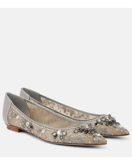 Rene Caovilla Metallic Embellished Leather-Trimmed Ballet Flats