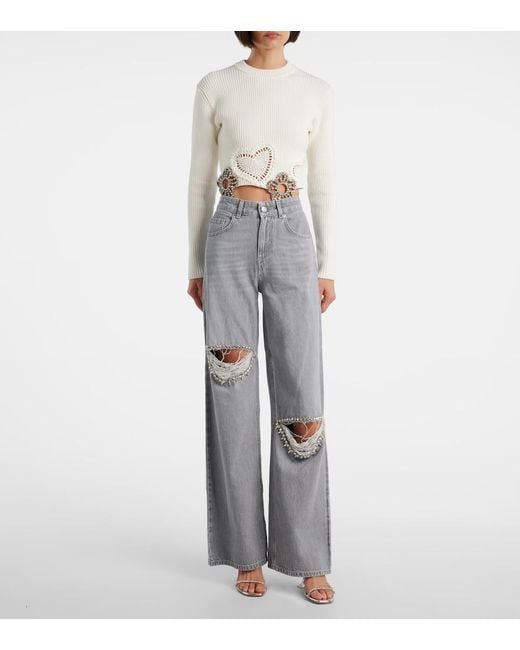 Area Gray Distressed Embellished Wide-Leg Jeans