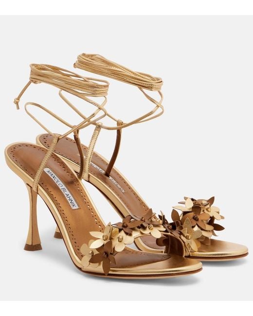 Manolo Blahnik Metallic Anista Floral-Applique Leather Sandals