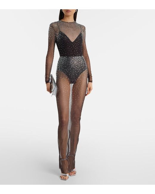 Alex Perry Gray Crystal-Embellished Mesh Maxi Dress