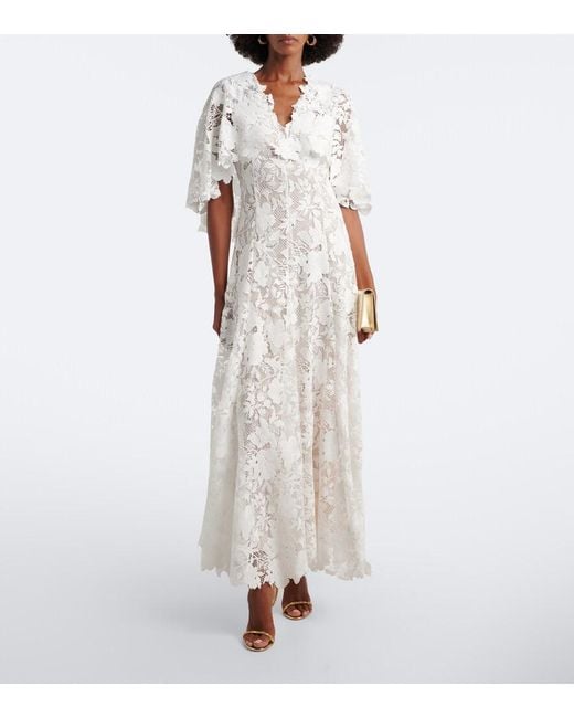 Oscar de la Renta White Caped Floral Guipure Lace Gown