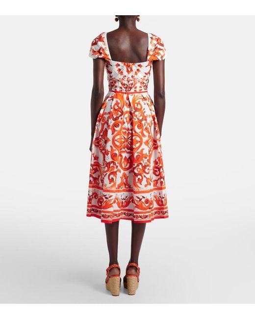 Dolce & Gabbana Red Majolica Printed Cotton Poplin Midi Dress