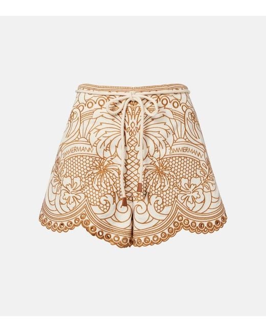 Zimmermann Natural Como Embroidered Cotton Shorts