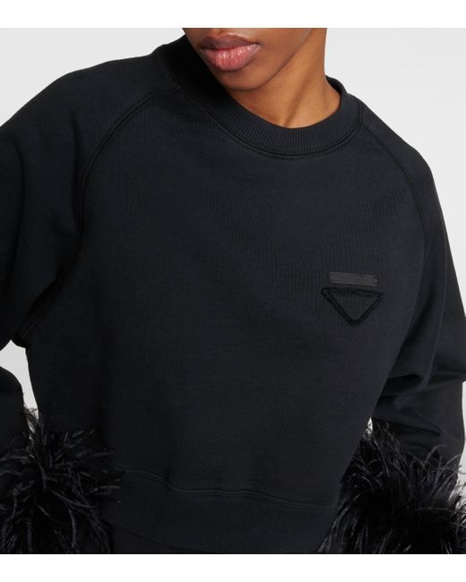 Prada Black Feather-trimmed Cotton Sweatshirt