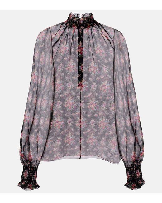 Dolce & Gabbana Purple Floral Ruffled Sheer Silk Blouse