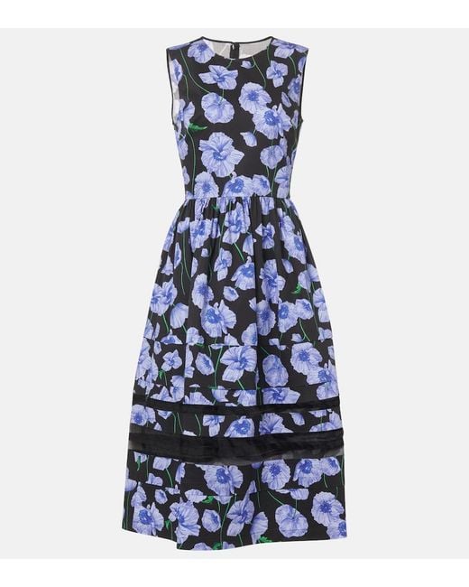Carolina Herrera Blue Floral Belted Cotton-Blend Midi Dress