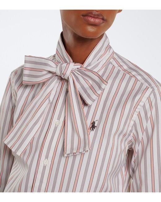 Polo Ralph Lauren White Bow-Detail Striped Cotton Poplin Shirt