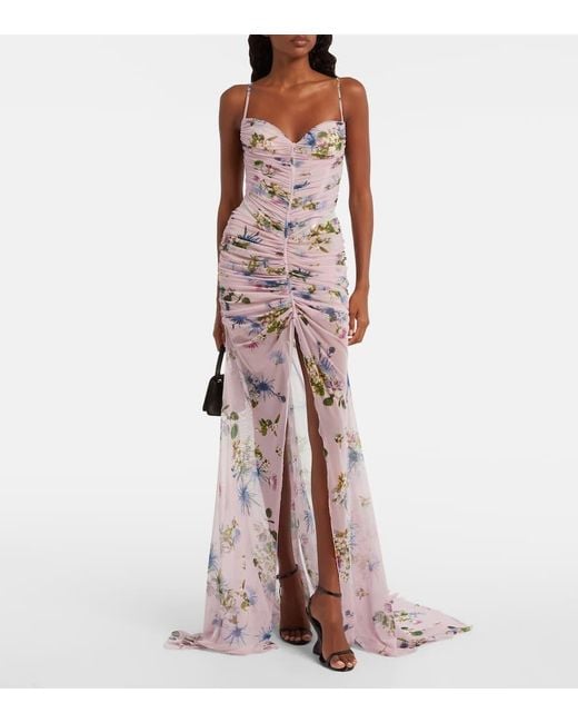 Blumarine Purple Floral Ruched Sheer Gown