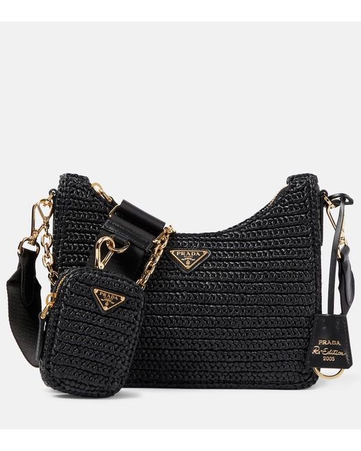 Prada Black Small Crochet Raffia Shoulder Bag