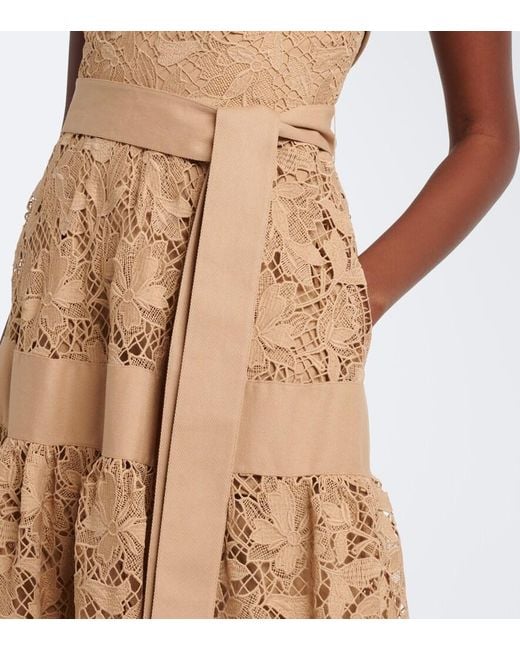 Elie Saab Natural Belted Tiered Guipure Lace Maxi Dress