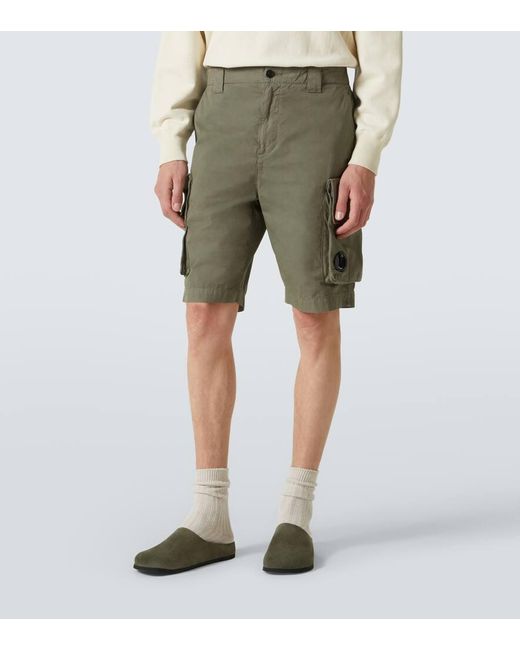 C P Company Green Cotton Gabardine Cargo Shorts for men