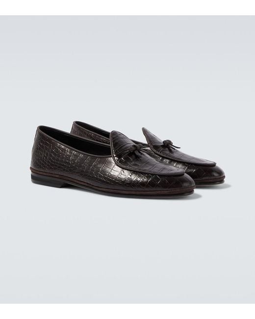 Rubinacci Black Marfy Croc-Effect Leather Loafers for men