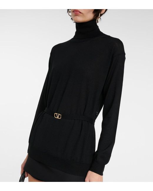 Valentino Black Belted Virgin Wool Turtleneck Sweater