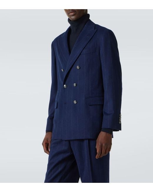 Brunello Cucinelli Blue Pinstripe Wool And Cashmere Suit for men