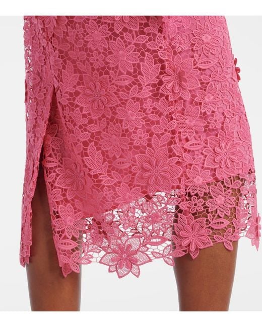 Monique Lhuillier Pink Hibiscus Floral Lace Midi Dress