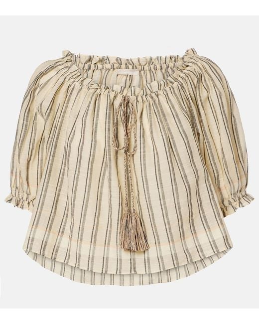 Ulla Johnson Natural Paros Striped Cropped Cotton Top
