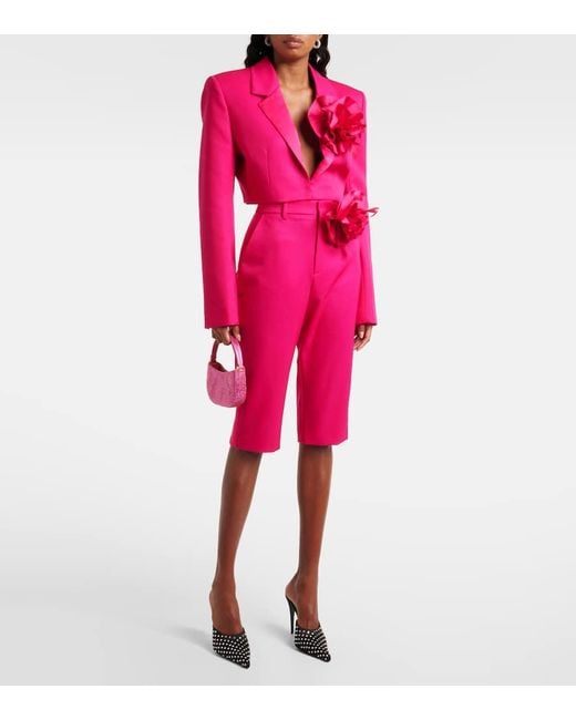 Area Pink Floral-Applique Cropped Wool Blazer