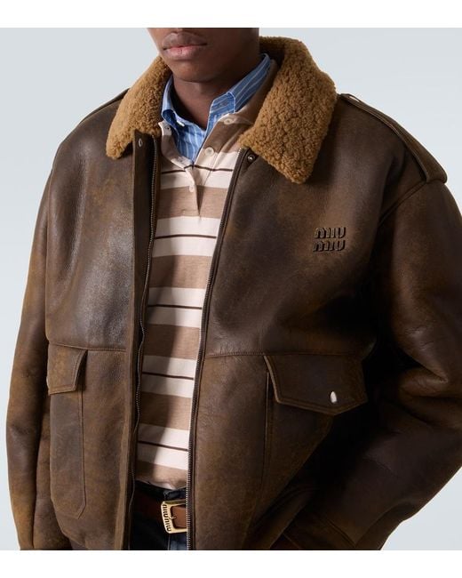 Miu Miu Shearling-Lined Leather Blouson Jacket in Brown for Men | Lyst