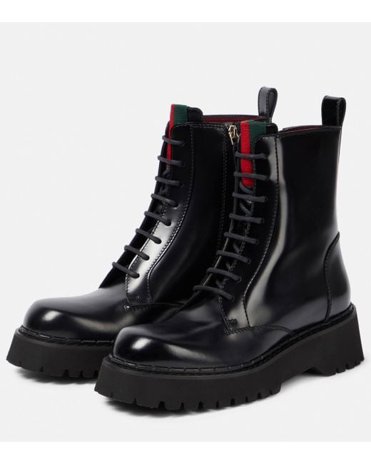 Gucci Black Polished Leather Combat Boots