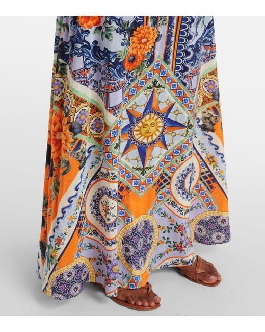 Camilla Blue Printed Linen And Silk Maxi Dress
