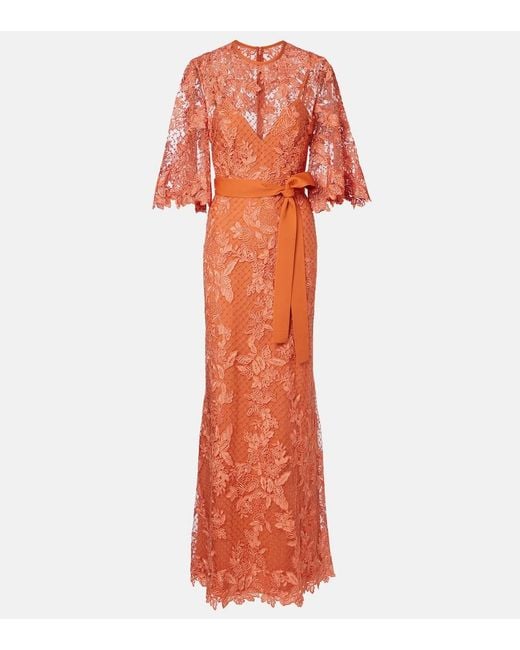 Elie Saab Orange Embroidered Lace And Tulle Gown