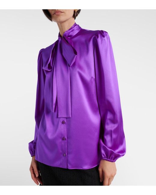 Dolce & Gabbana Purple Tie-Neck Silk-Blend Satin Blouse