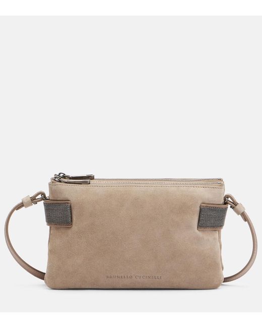 Brunello Cucinelli Brown Essence Monili Small Suede Shoulder Bag