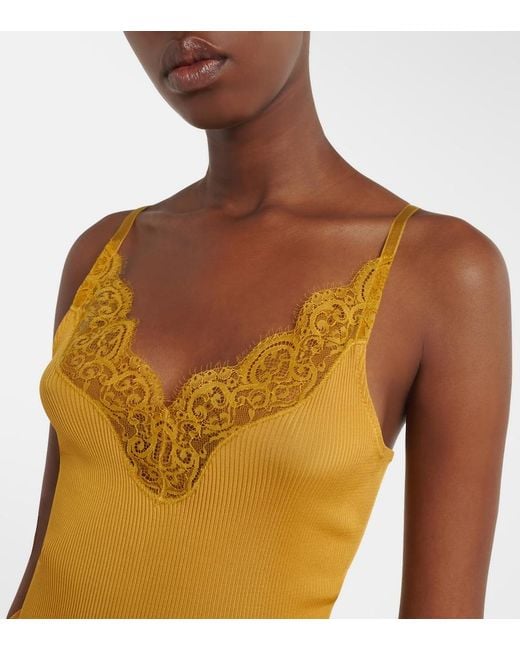 Saint Laurent Yellow Lace-Trimmed Ribbed-Knit Silk Top