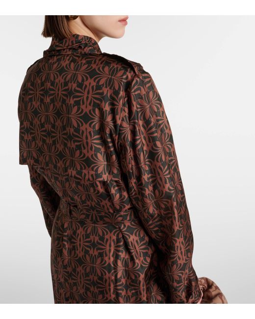 Dries Van Noten Brown Printed Silk Satin Trench Coat