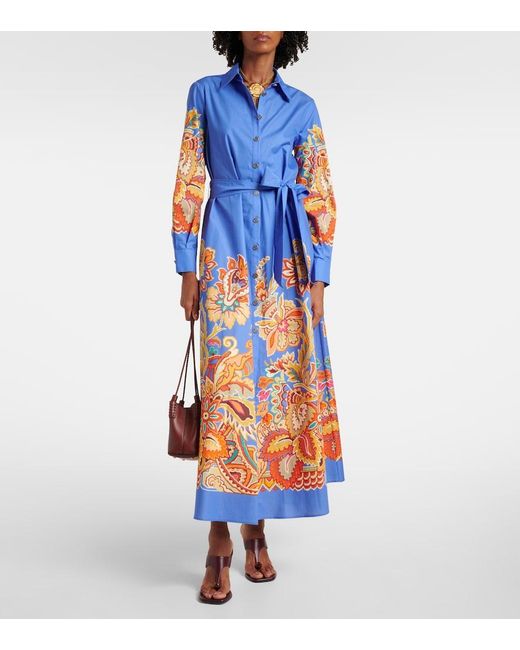 Vestido Largo De Algodon Con Cinturon Etro de color Blue
