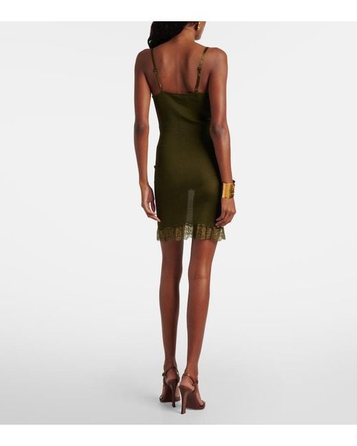Saint Laurent Green Lace-Trimmed Silk Jersey Slip Dress