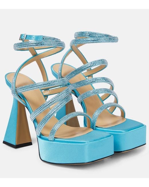 Mach & Mach Blue Sydney Embellished Satin Platform Sandals