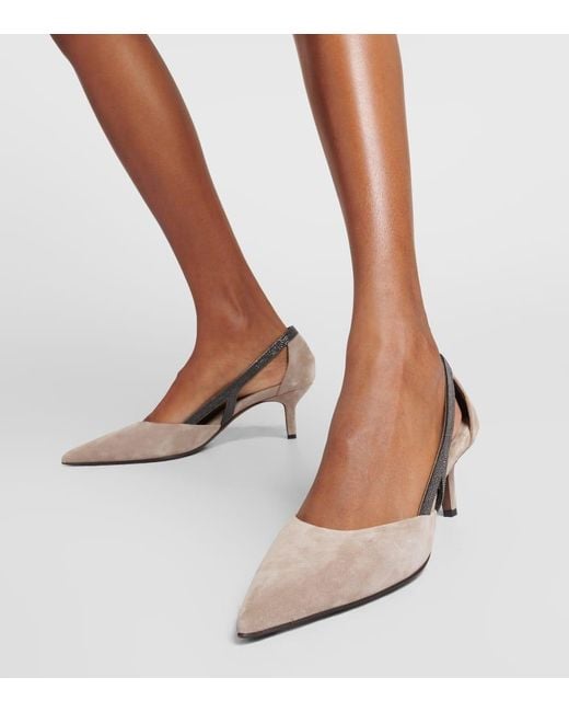Brunello Cucinelli Natural Embellished Suede Slingback Pumps