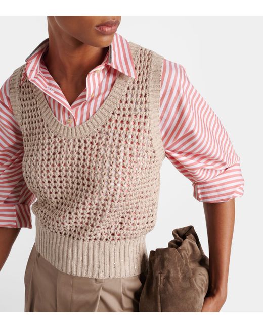 Brunello Cucinelli Natural Sequined Open-knit Cotton-blend Vest