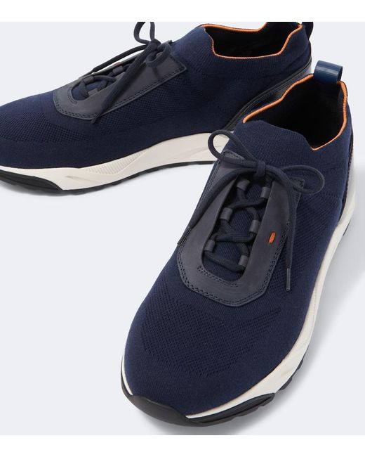 Santoni Blue Leather-Trimmed Knitted Sneakers for men