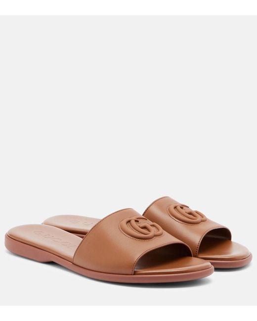 Gucci Brown Double G Leather Slides