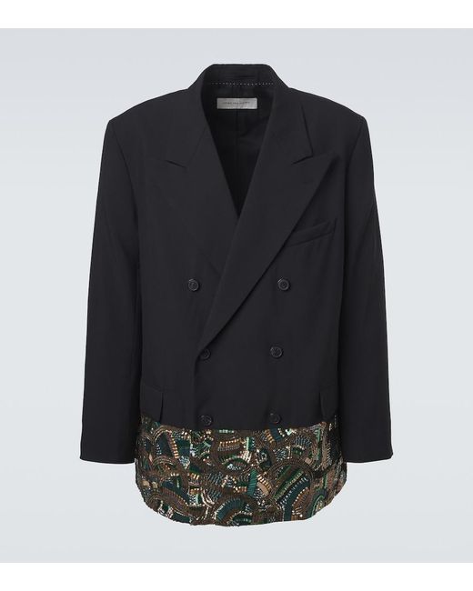 Dries Van Noten Black Embellished Double-Breasted Wool Blazer for men