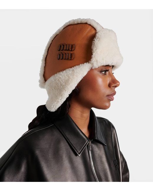Miu Miu Natural Shearling-Trimmed Leather Hat