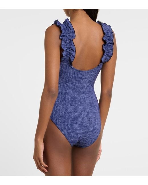 Karla Colletto Blue Nori Ruffled Denim Swimsuit