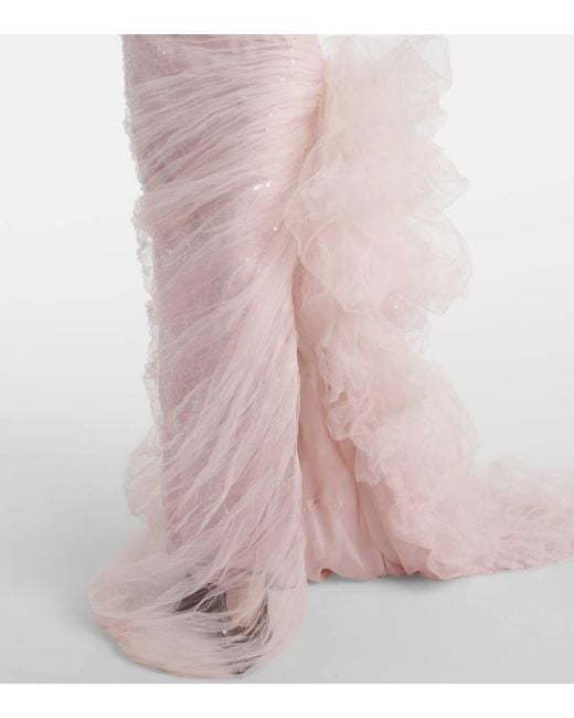 Marmar Halim Pink Sequined Ruffled Tulle Gown