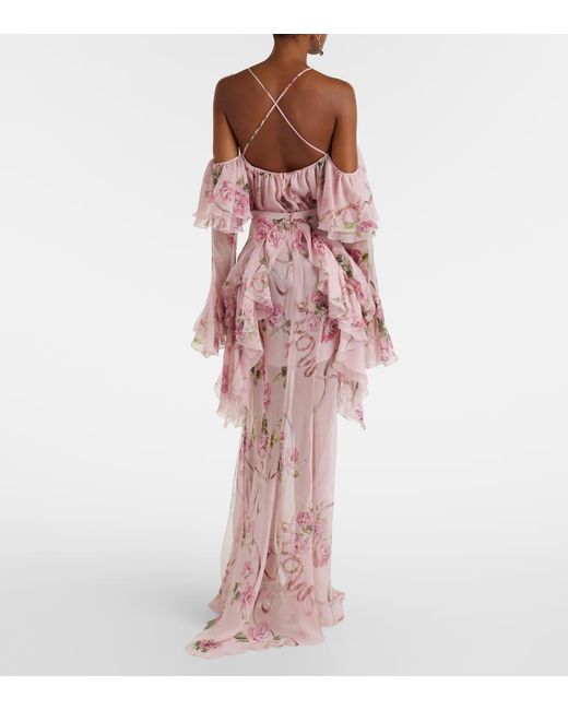 Jupe Longue En Crepe De Soie A Fleurs Blumarine en coloris Pink