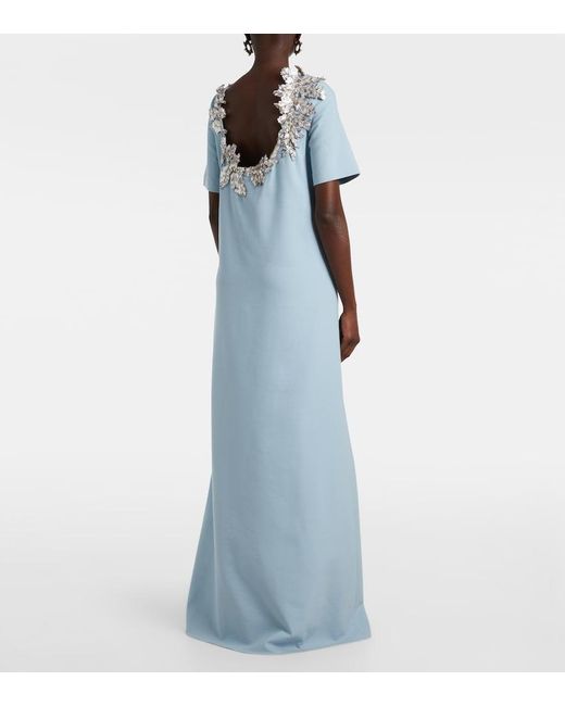 Oscar de la Renta Blue Fern Sequined Wool-Blend Gown