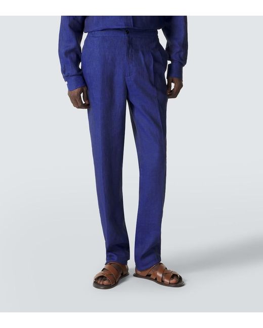 Rubinacci Blue Linen Tapered Pants for men