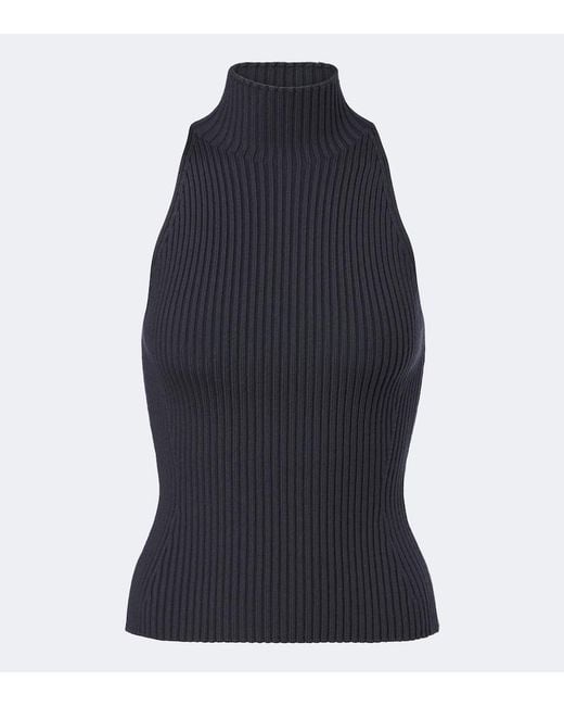 Alaïa Blue Ribbed-Knit Wool-Blend Turtleneck Top