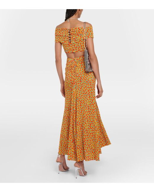 Rabanne Orange Low-Rise Printed Jersey Maxi Skirt
