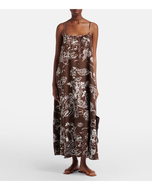 Asceno Brown Napoli Printed Silk Twill Maxi Dress